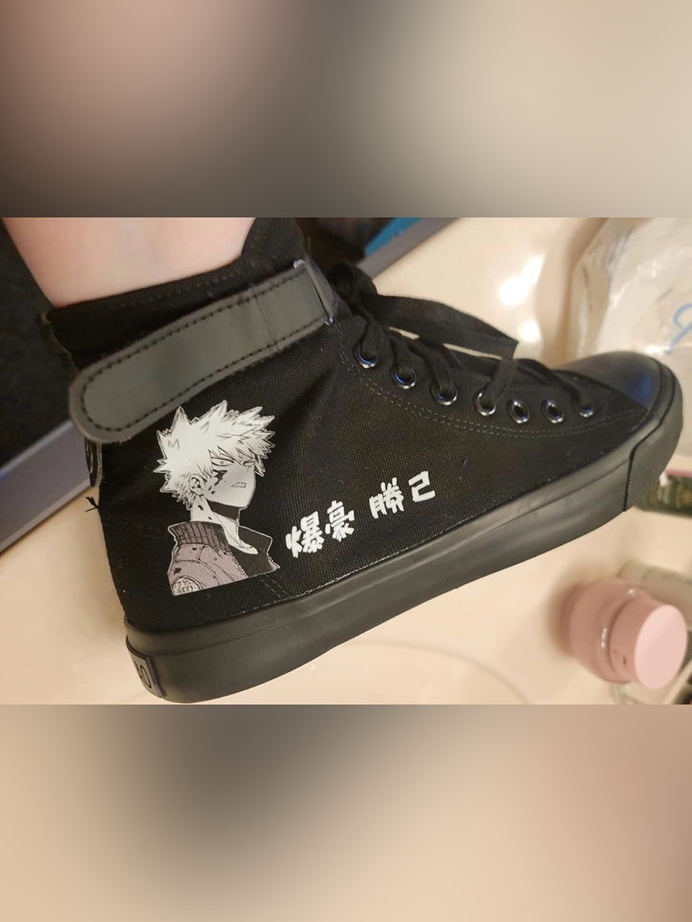 Size 8.5 Black High-Top Canvas Sneakers with Anime Bakugo Graphic